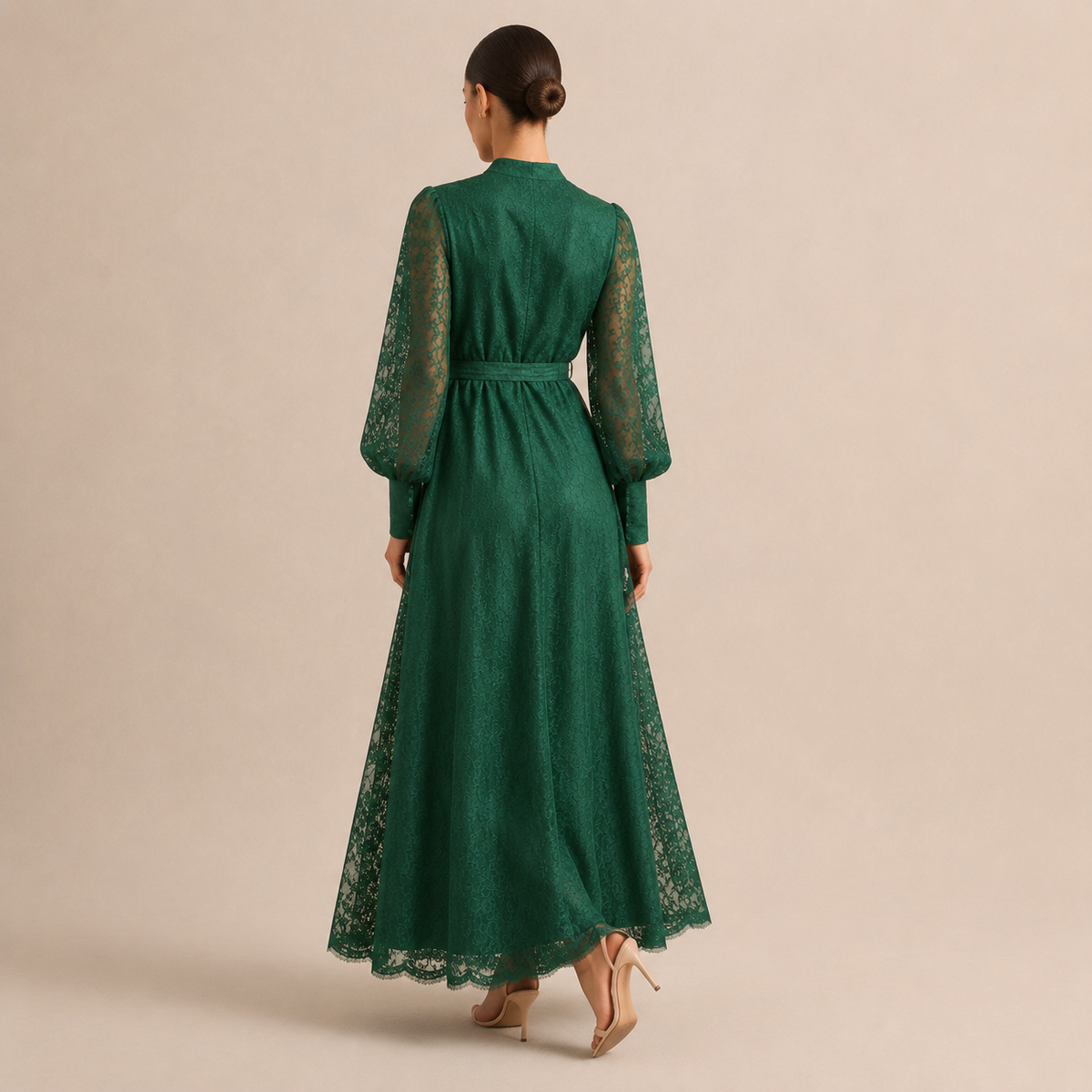 Lace Long Sleeve Button Front Belted Maxi Dress 9