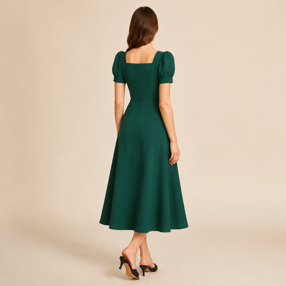 Square Neck Puff Sleeve Fit and Flare Midi Dress 12