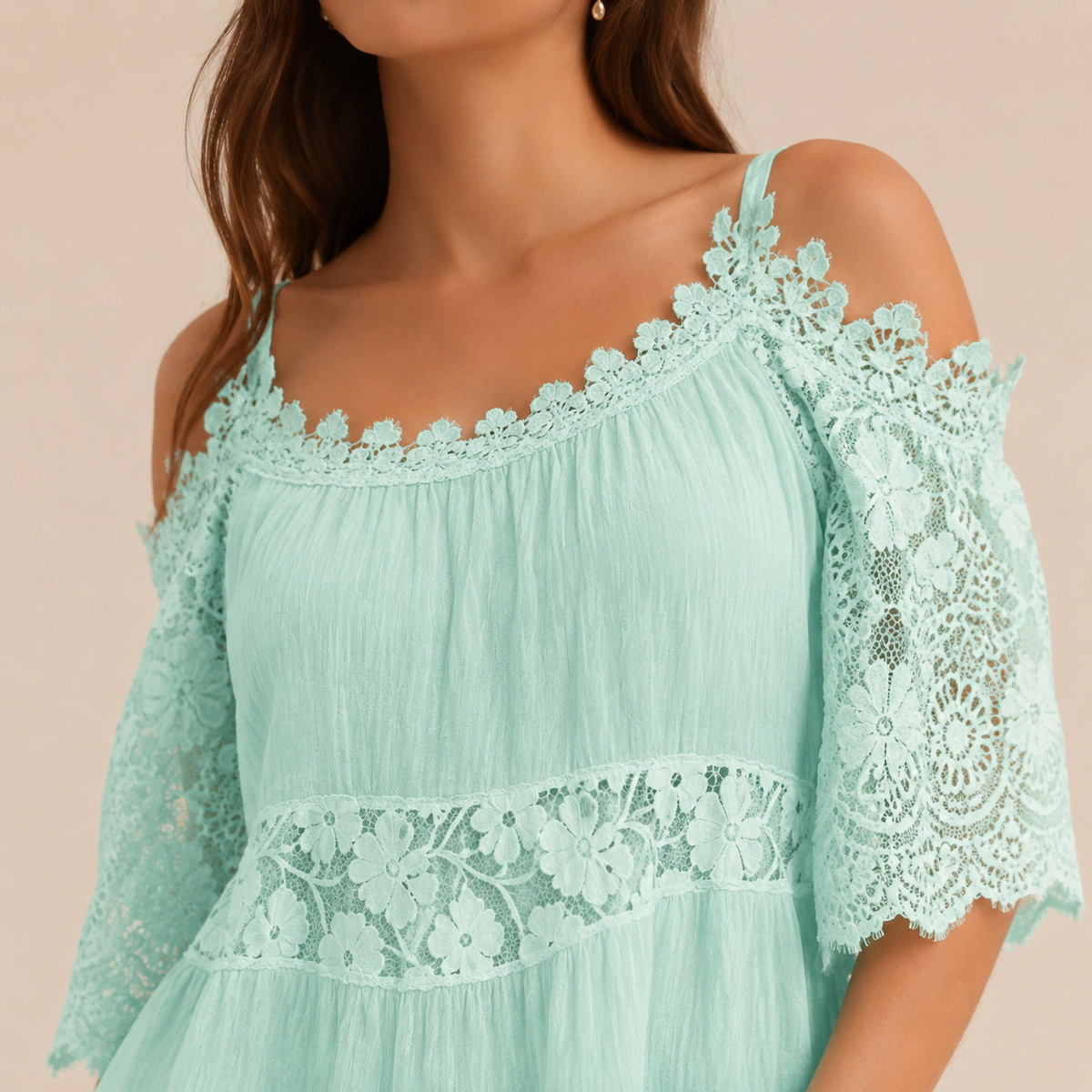Off Shoulder Crochet Lace Trim Tiered Midi Dress 8
