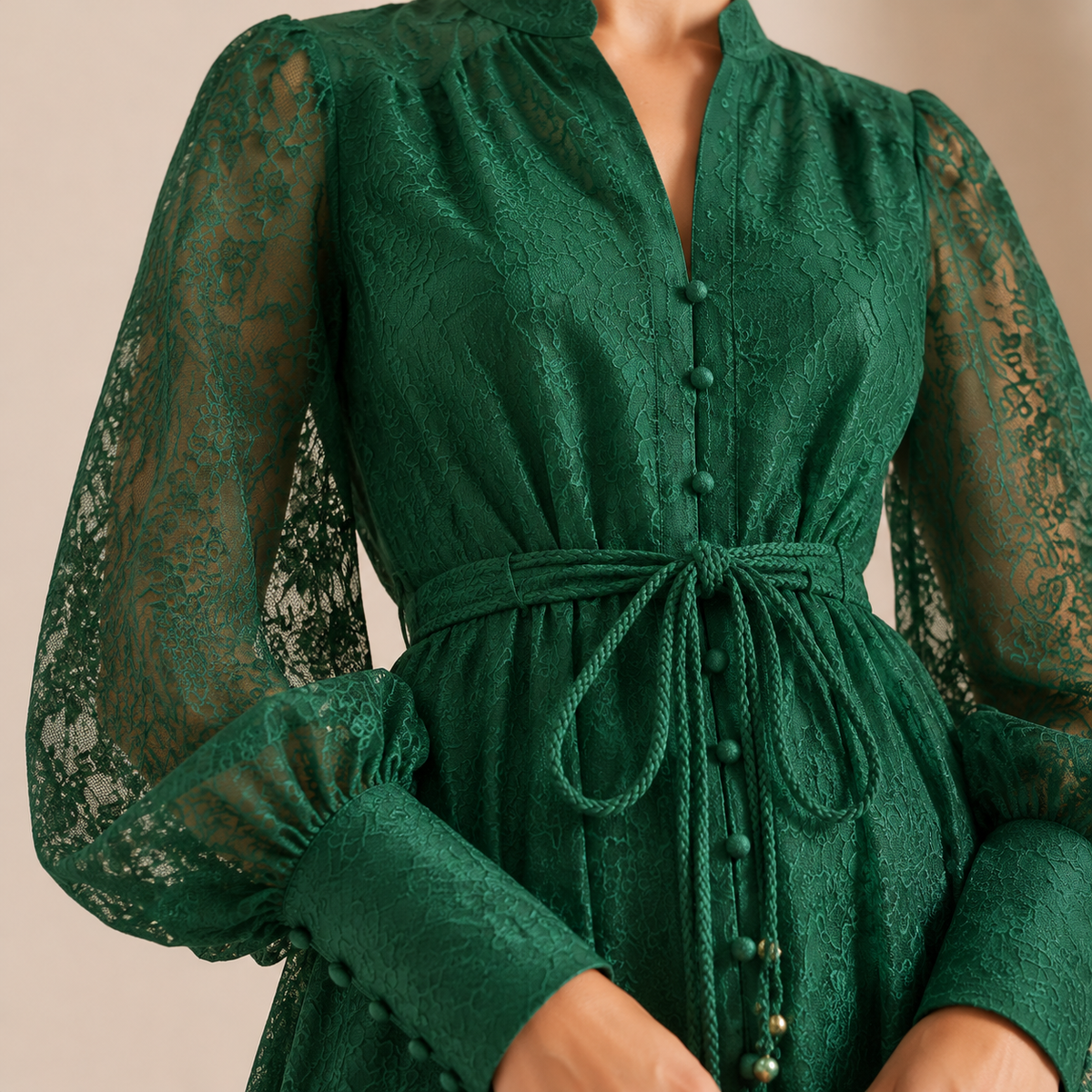 Lace Long Sleeve Button Front Belted Maxi Dress 8