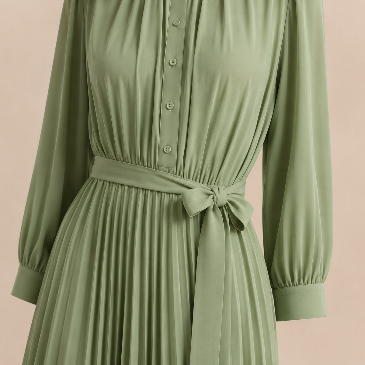 Band Collar Button Front Belted Pleated Shirt Maxi Dress 17
