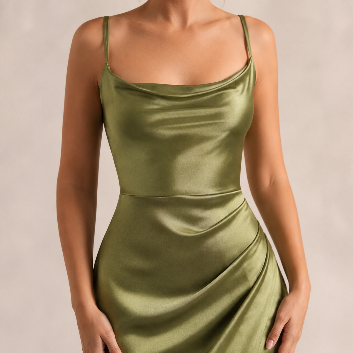 Cowl Neck Satin Ruched Split Midi Dress 8