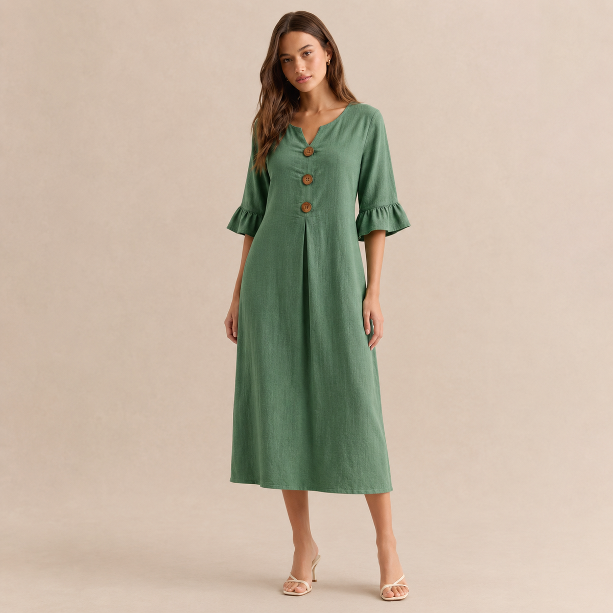 Notch Neck Wooden Button Front Pleated A-Line Midi Dress 10