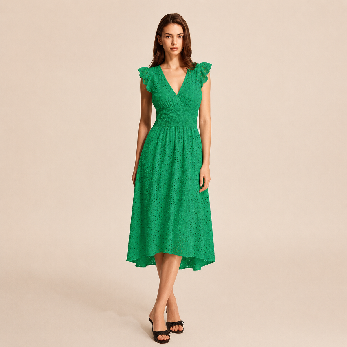 Broderie V-Neck Flutter Sleeve Shirred Waist A-Line Midi Dress 17