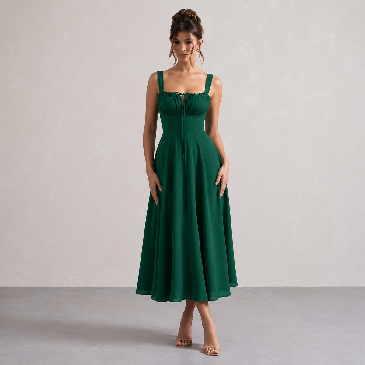 Square Neck Tie Front Corset Fit and Flare Midi Dress 13