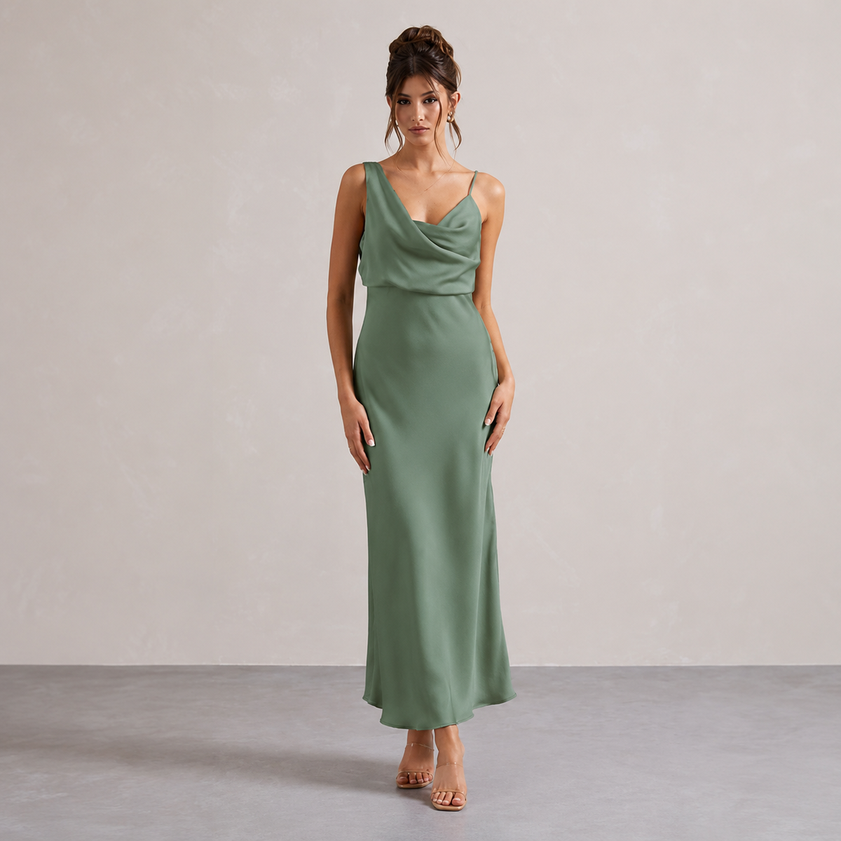 Cowl Neck Asymmetric Strap Satin Slip Maxi Dress 4