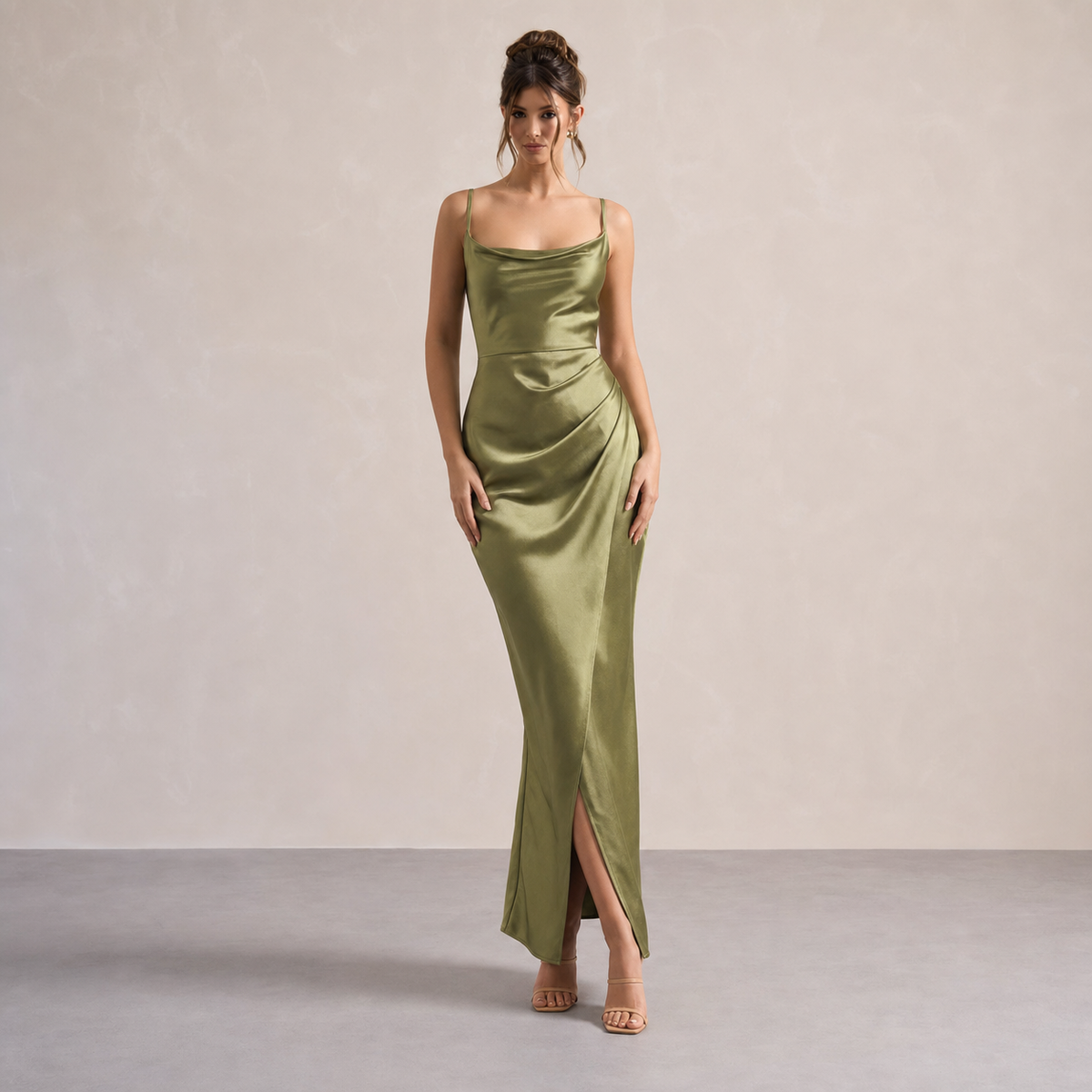 Cowl Neck Satin Ruched Split Midi Dress 7