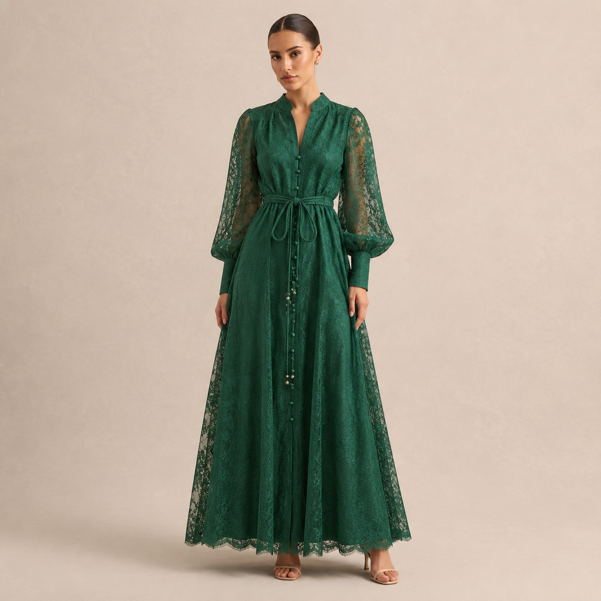 Lace Long Sleeve Button Front Belted Maxi Dress 7