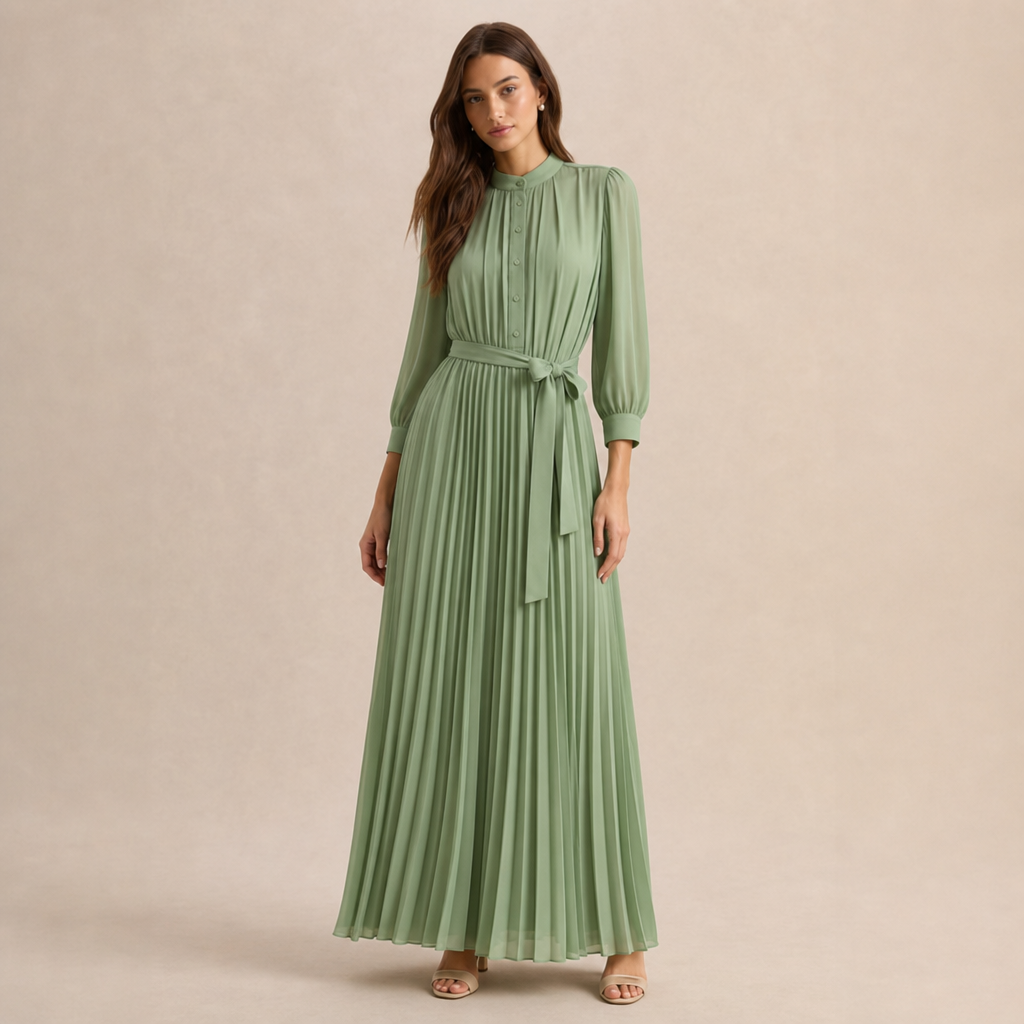 Band Collar Button Front Belted Pleated Shirt Maxi Dress 16