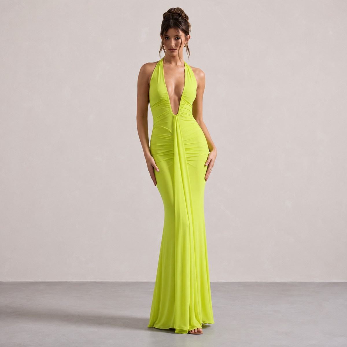 Deep V-Neck Halter Ruched Fishtail Maxi Gown 10