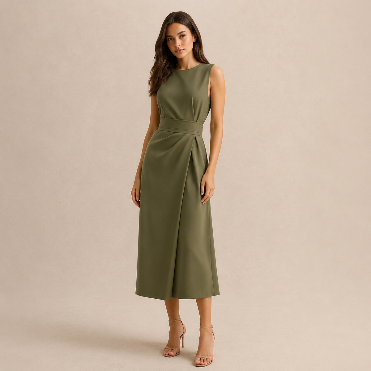 Round Neck Sleeveless Belted Pleated Fit and Flare Midi Dress 7