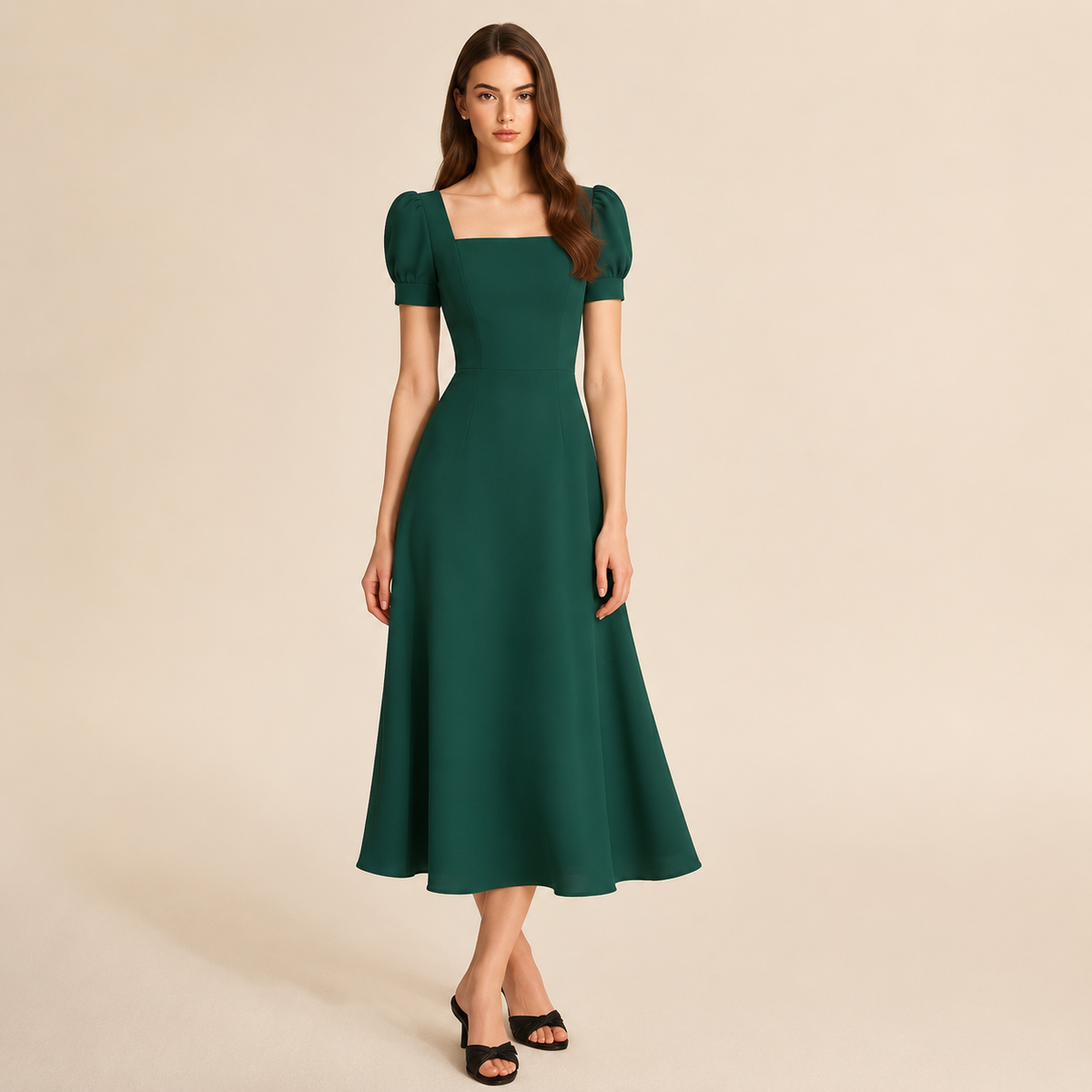 Square Neck Puff Sleeve Fit and Flare Midi Dress 10