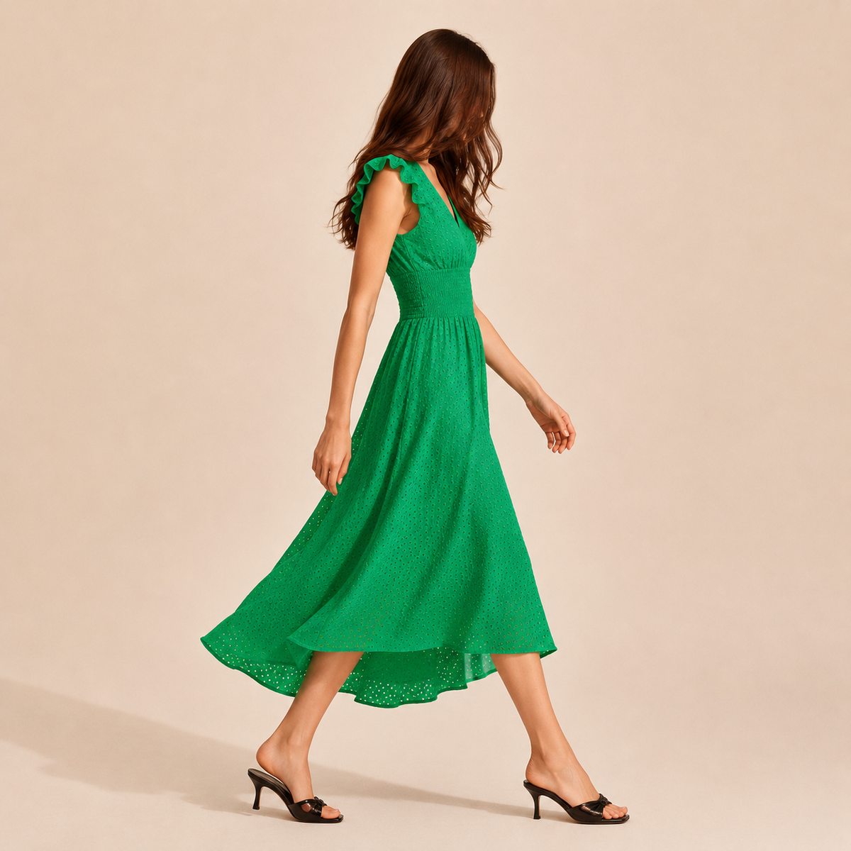 Broderie V-Neck Flutter Sleeve Shirred Waist A-Line Midi Dress 20