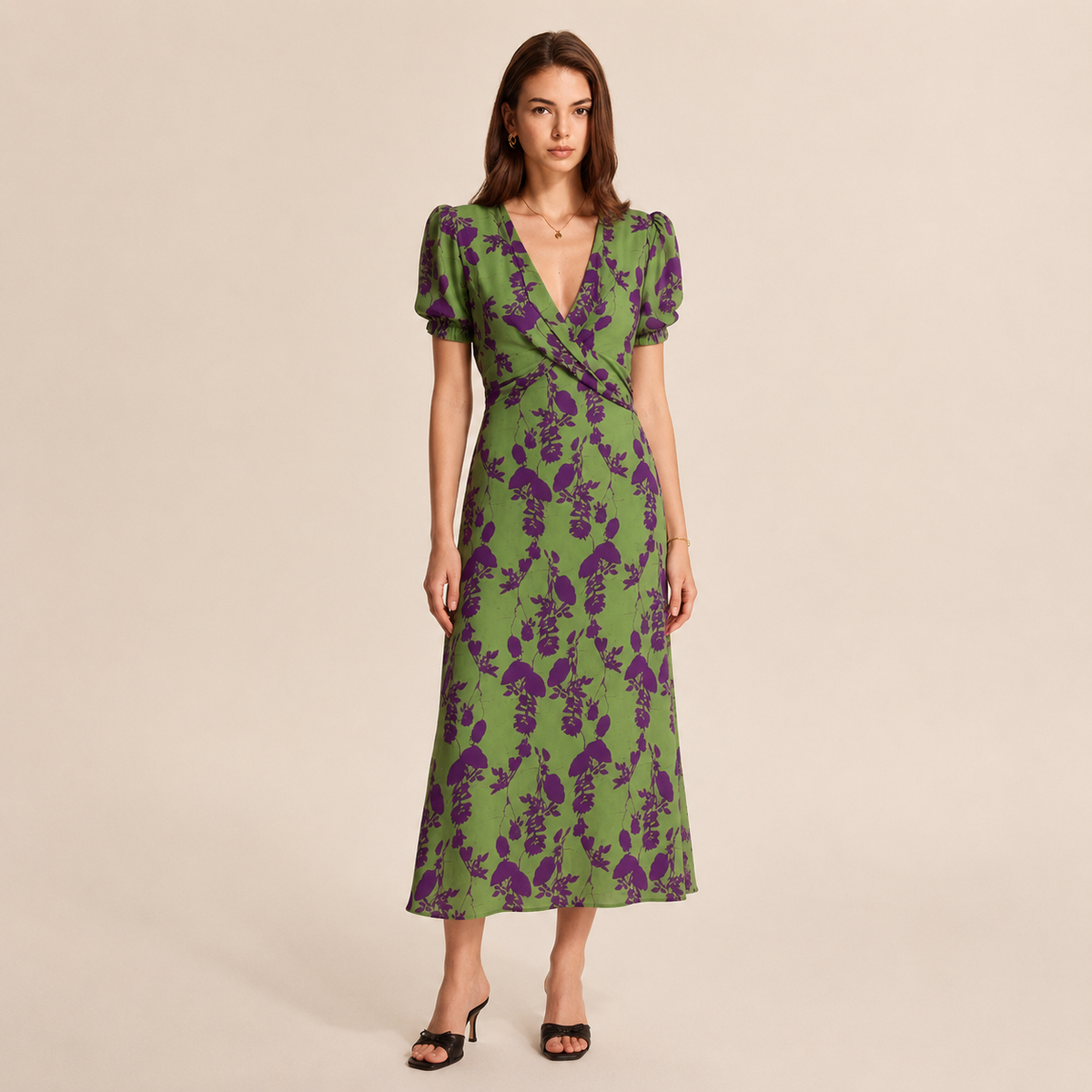 Floral V-Neck Puff Sleeve Twist Front Midi Dress
