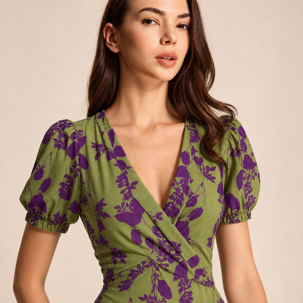 Floral V-Neck Puff Sleeve Twist Front Midi Dress 2