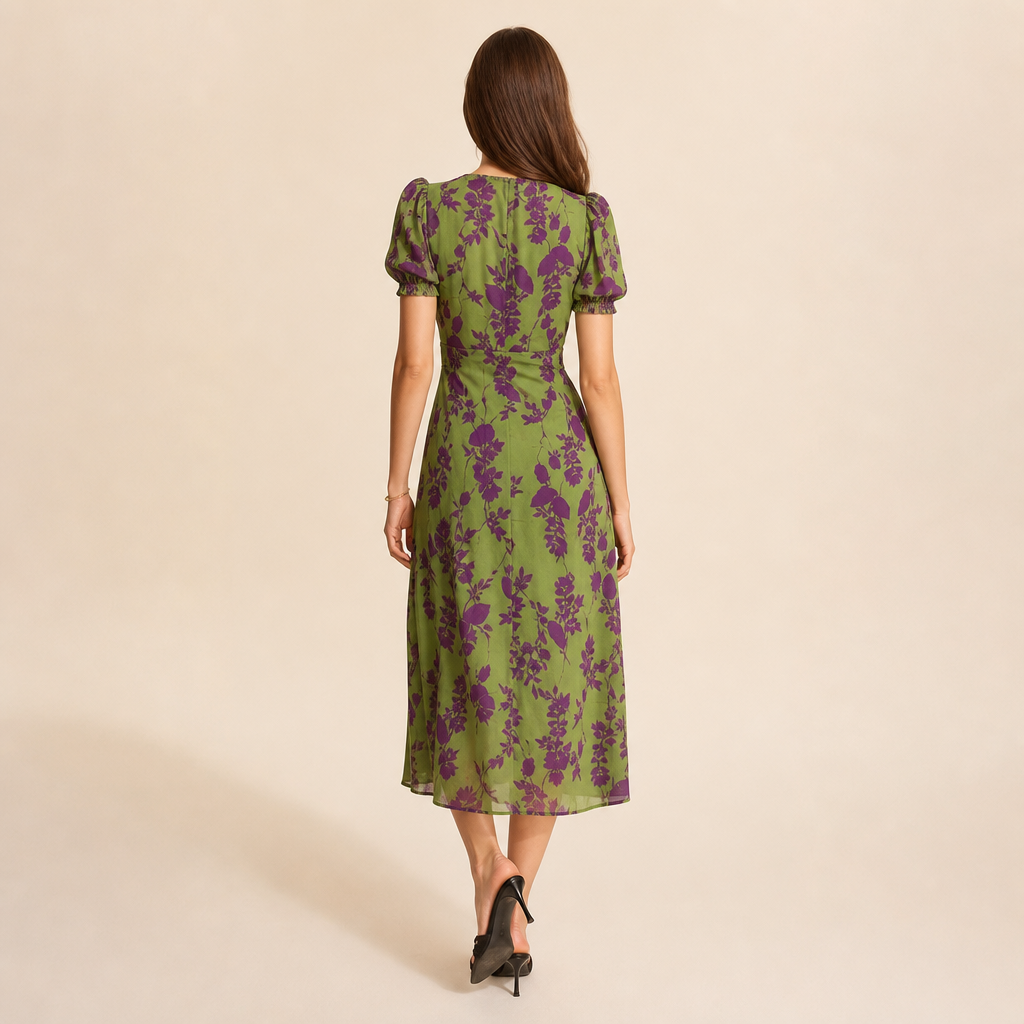 Floral V-Neck Puff Sleeve Twist Front Midi Dress 3