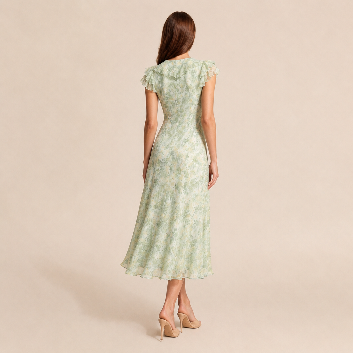 V-Neck Flutter Sleeve Floral Tie Front Bias Midi Dress 3