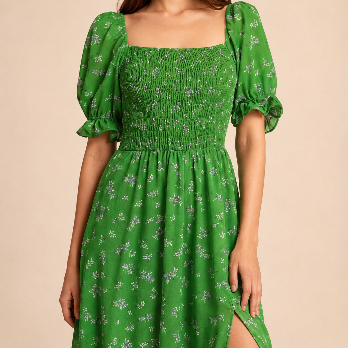 Floral Square Neck Puff Sleeve Smocked High Split Midi Dress 14