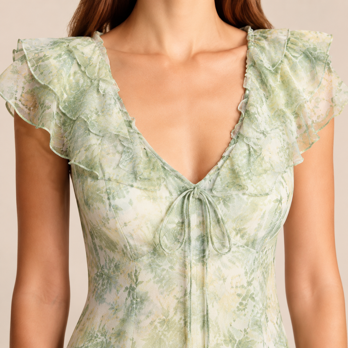 V-Neck Flutter Sleeve Floral Tie Front Bias Midi Dress 2