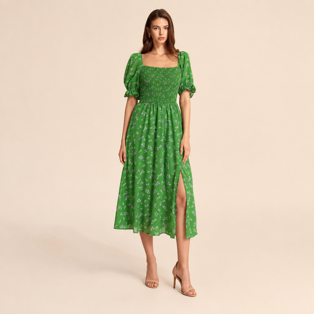 Floral Square Neck Puff Sleeve Smocked High Split Midi Dress 13