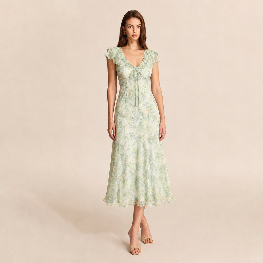 V-Neck Flutter Sleeve Floral Tie Front Bias Midi Dress