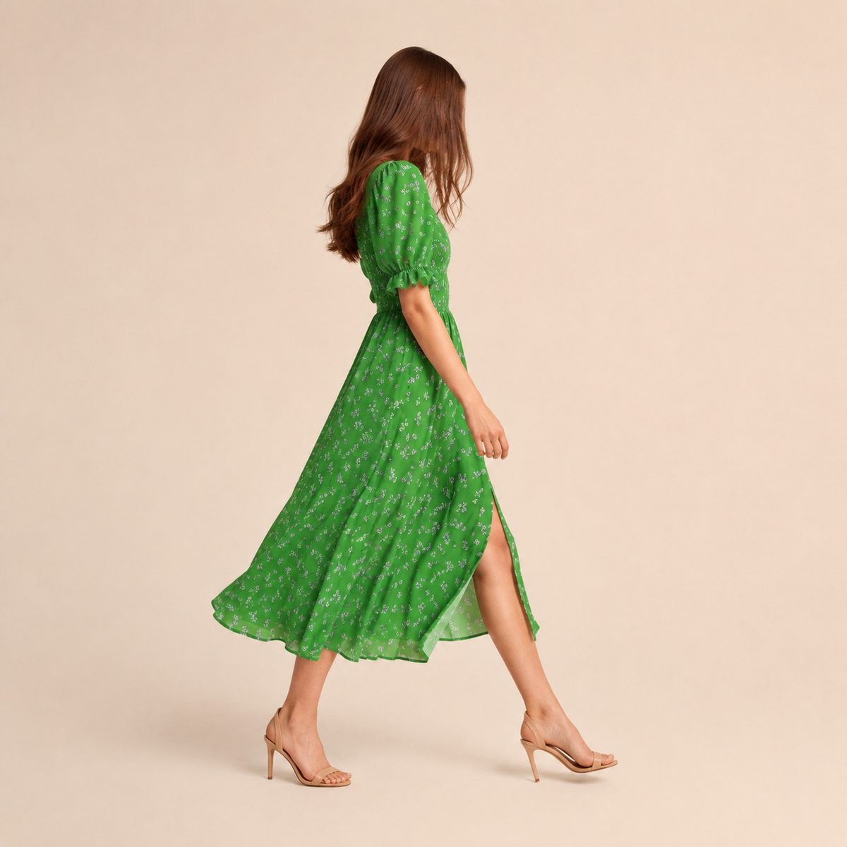 Floral Square Neck Puff Sleeve Smocked High Split Midi Dress 16