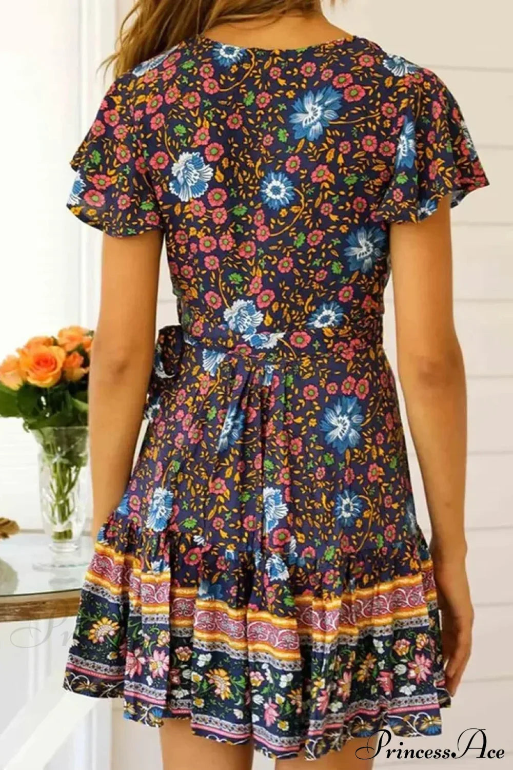 Green Floral Deep V-neck Boho Sundress