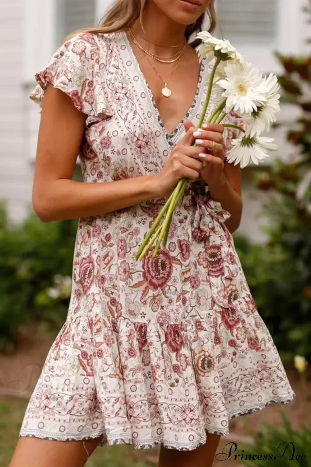 Green Floral Deep V-neck Boho Sundress