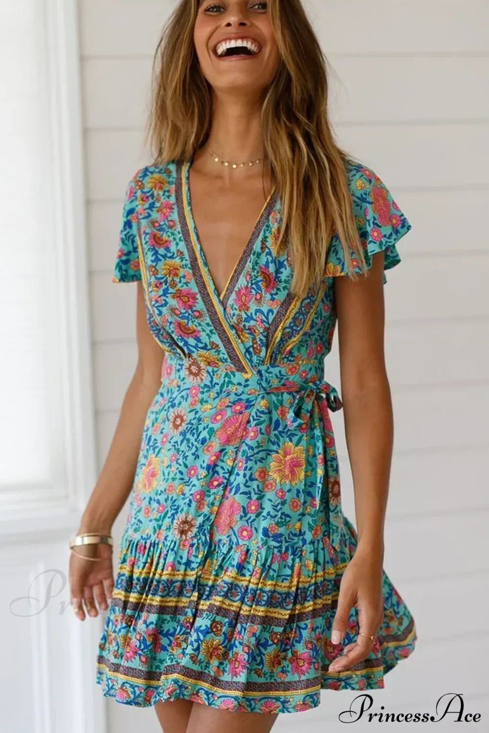 Green Floral Deep V-neck Boho Sundress Green / S bohodress-250126