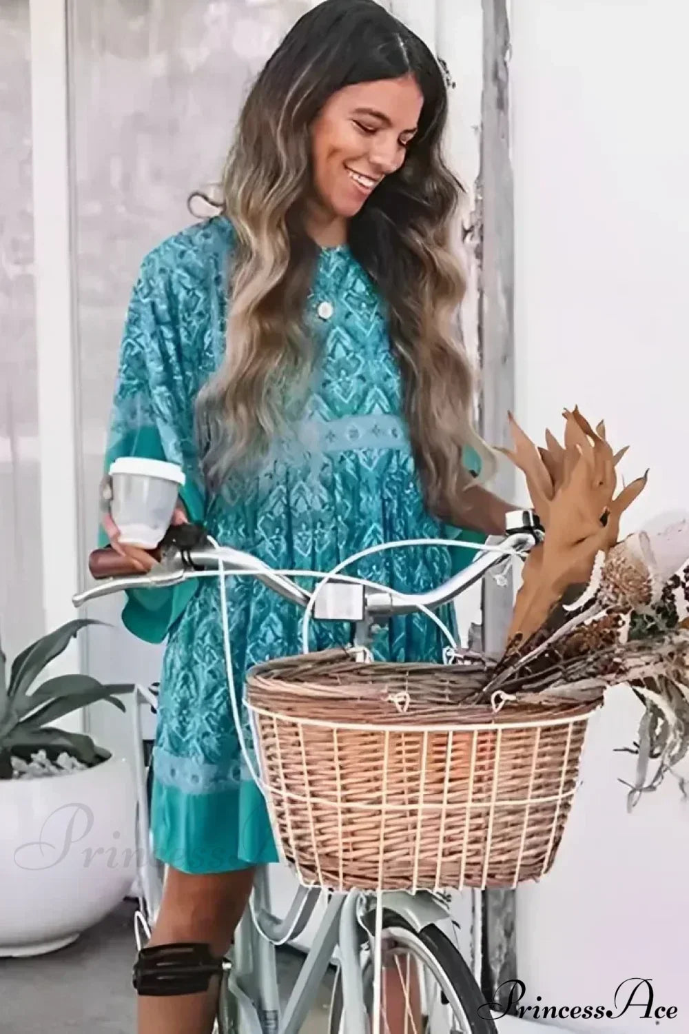 Green Floral Print Loose O-neck Batwing Sleeve Mini Boho Dress