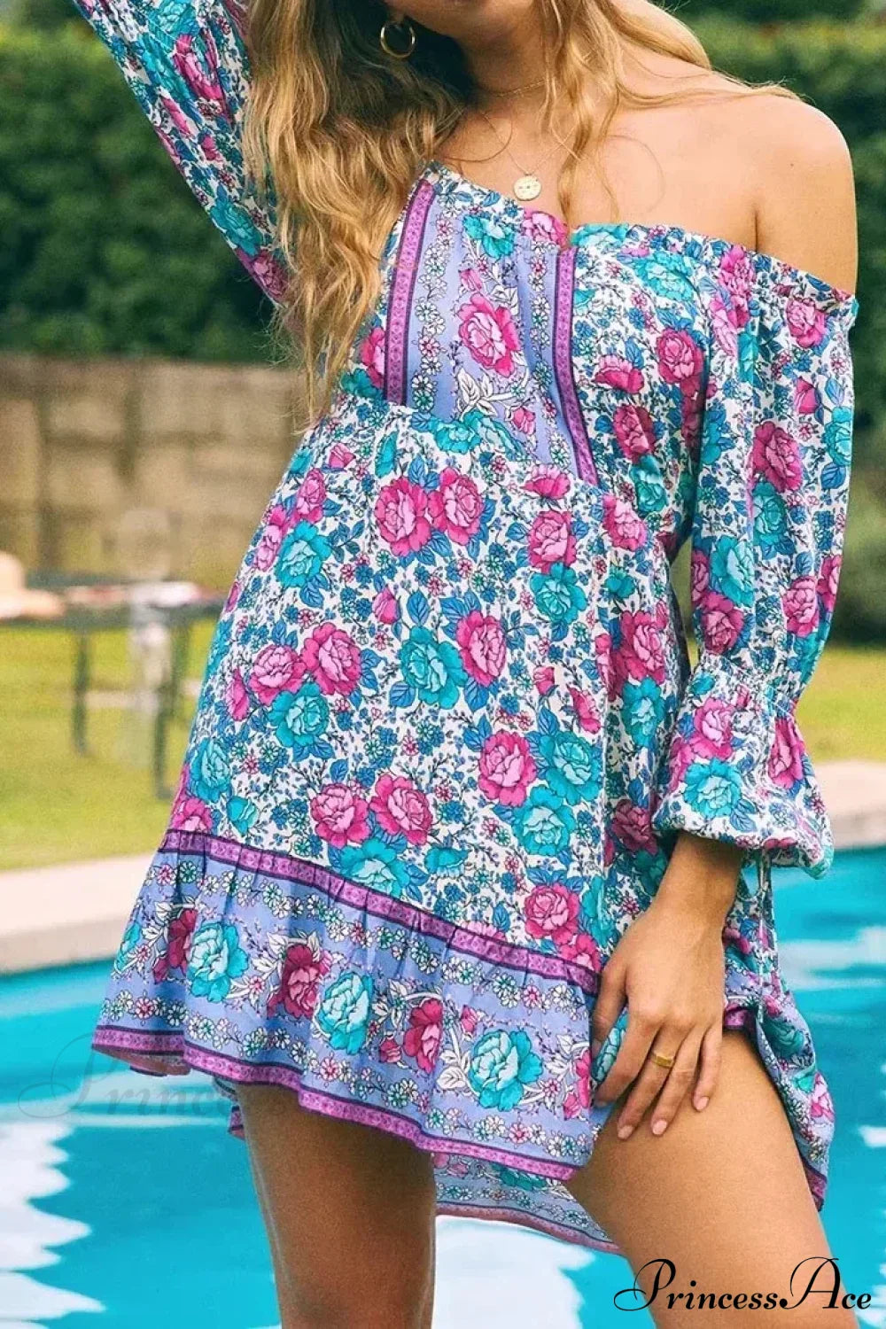 Green Floral Print Off Shoulder Long Sleeve Vacation Mini Boho Sundress Purple / S bohodress-250126