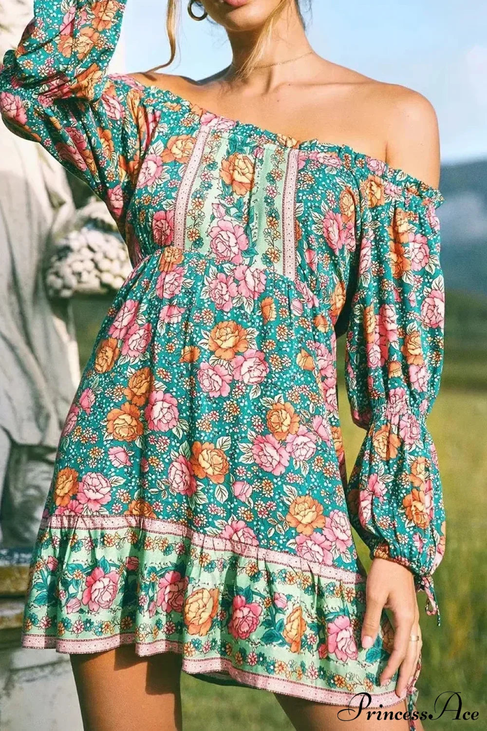 Green Floral Print Off Shoulder Long Sleeve Vacation Mini Boho Sundress Green / S bohodress-250126