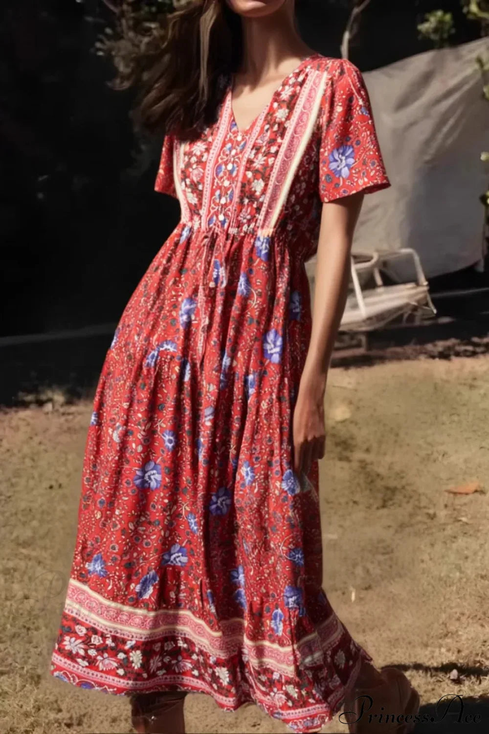 Green Floral Print Ruffles Sleeve Tassel V-neck Rayon Maxi Boho Dress Red / S bohodress-250126