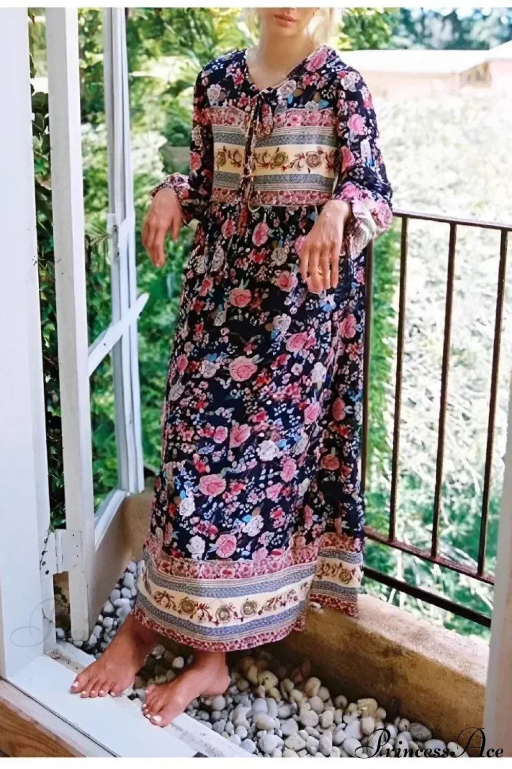 Green Floral Print Tie Neck Long Sleeve Rayon Summer Maxi Boho Dress Black / S bohodress-250126