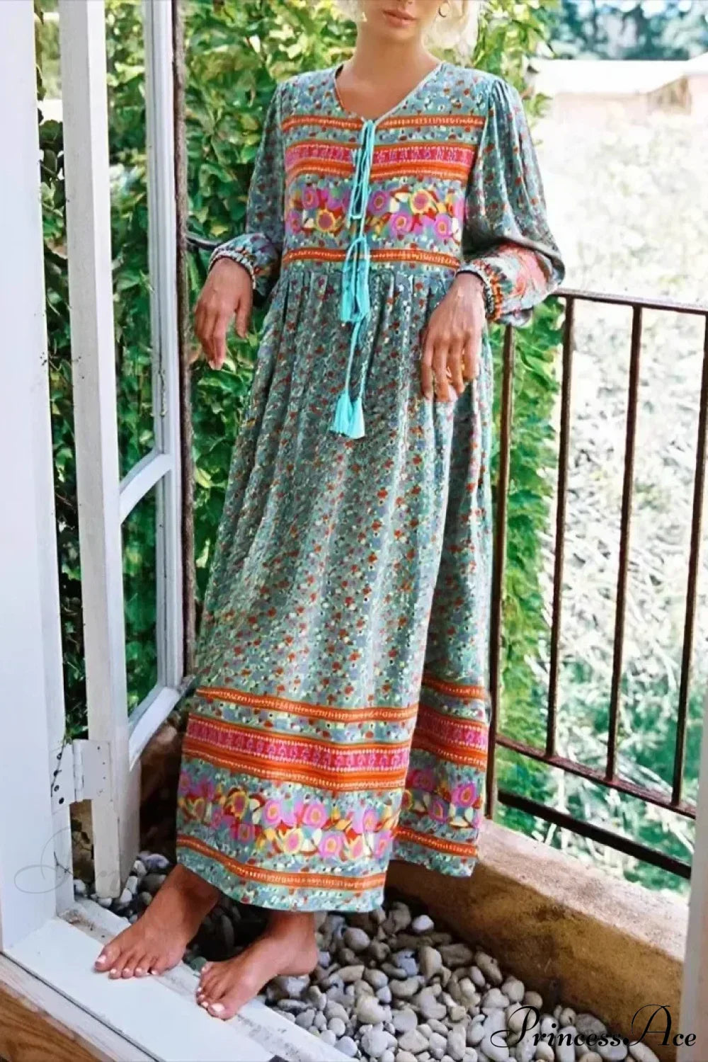 Green Floral Print Tie Neck Rayon Cotton Long Sleeve Ethnic Maxi Boho Dress Green / S bohodress-250126