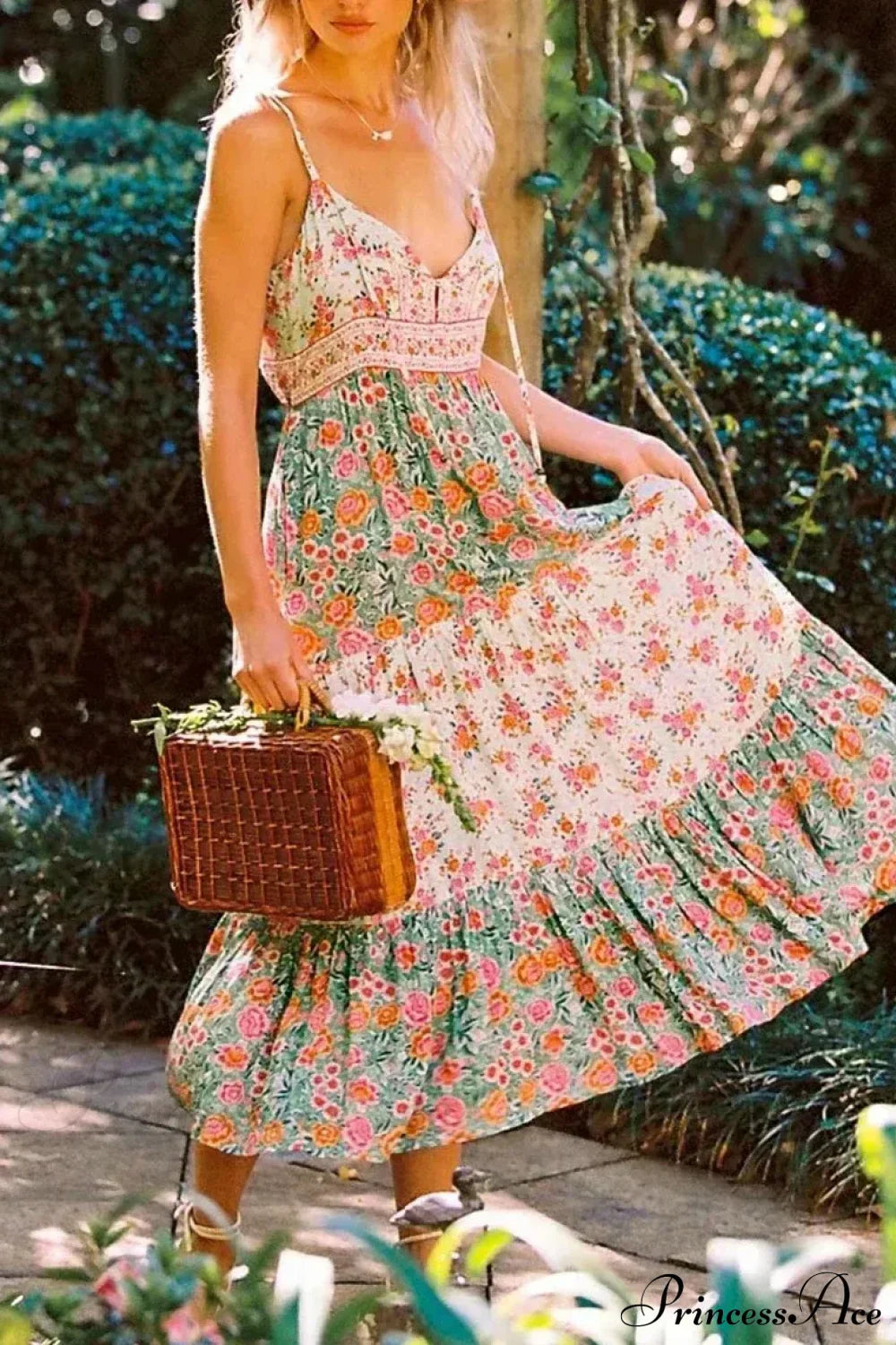 Green Floral Sleeveless Rayon Maxi Boho Dress