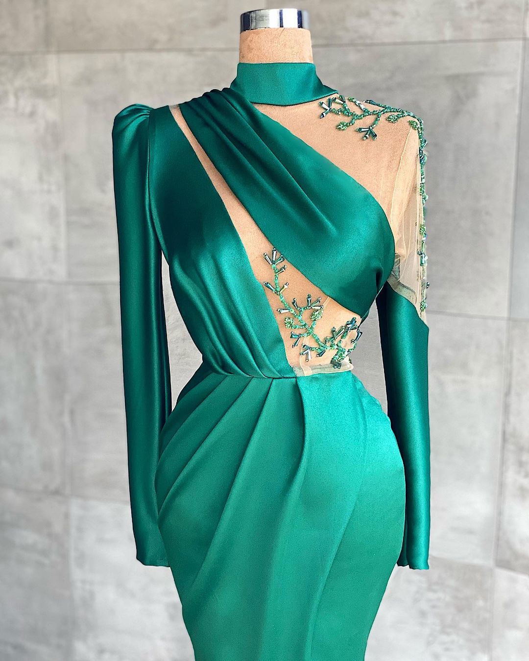 Green One Shoulder Long Sleeves Prom Dress Mermaid With Slit - Fashionpara
