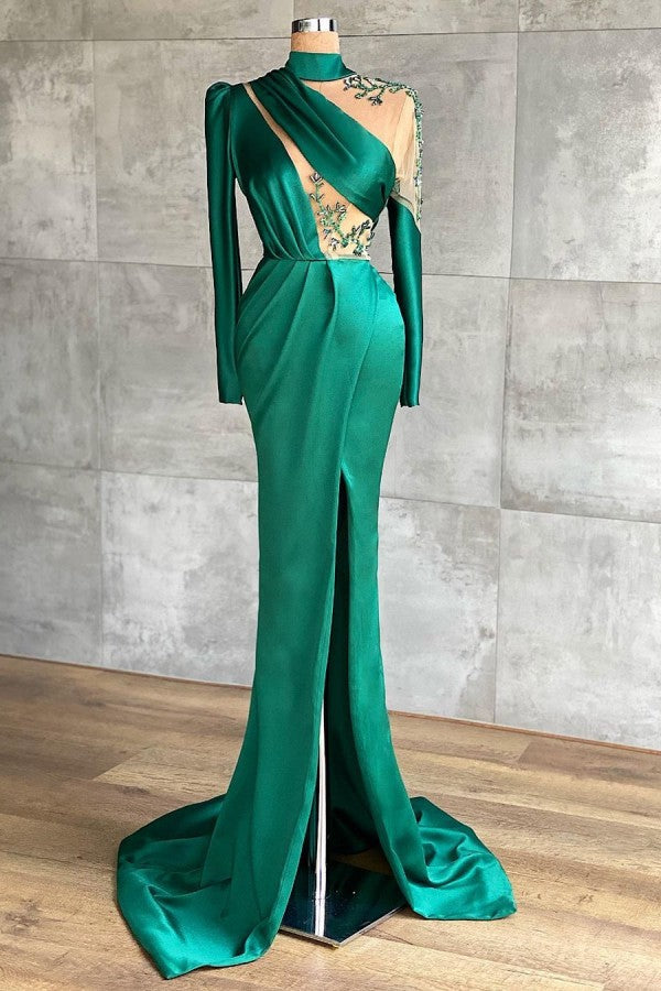 Green One Shoulder Long Sleeves Prom Dress Mermaid With Slit - Fashionpara