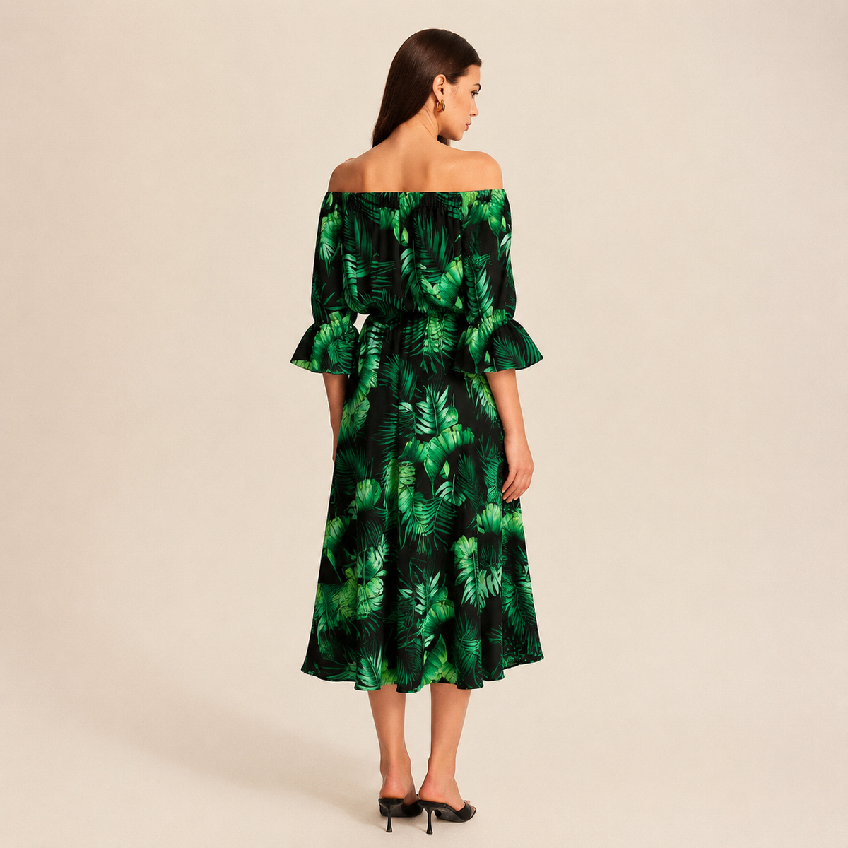 Floral Off Shoulder Bell Sleeve A-Line Midi Dress 15