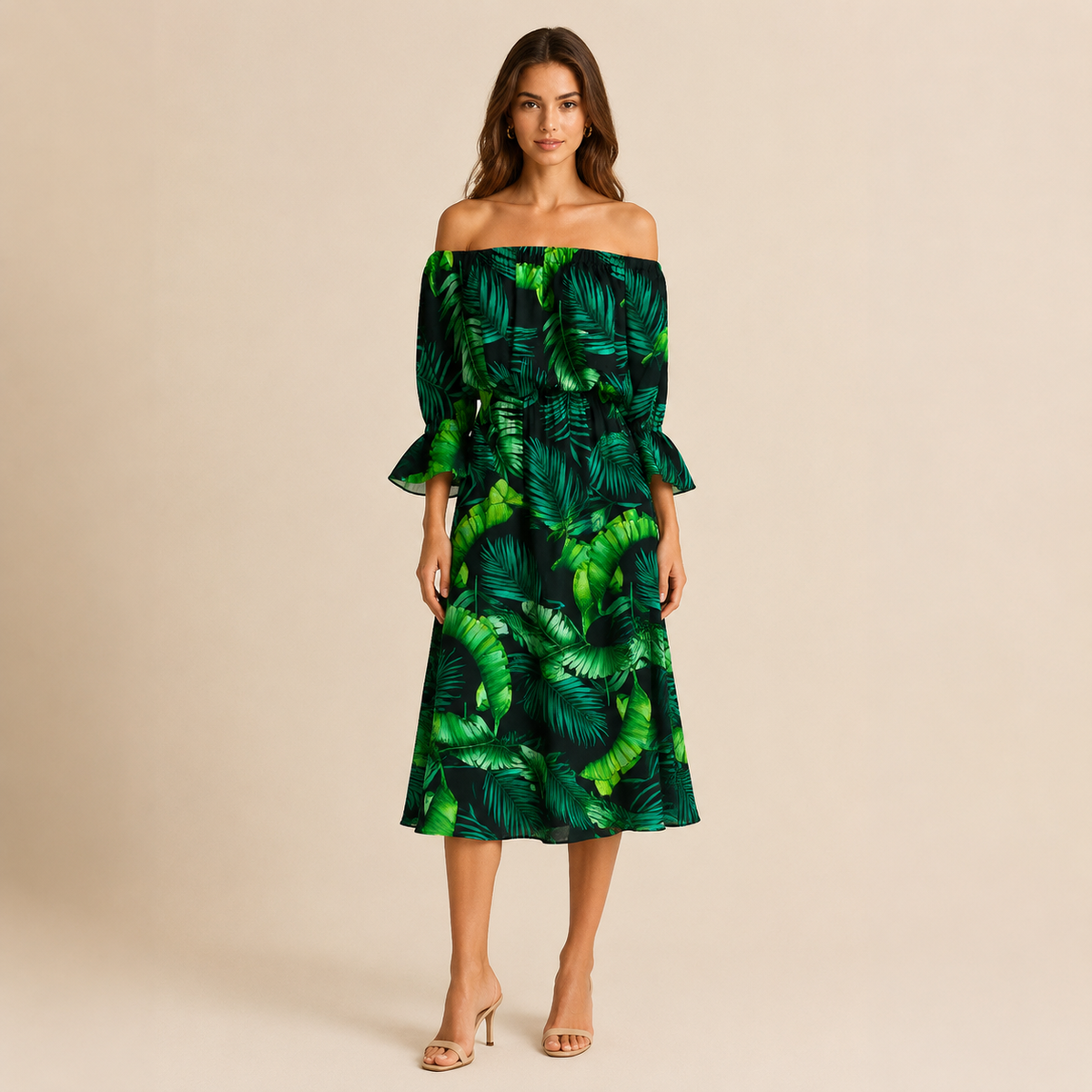 Floral Off Shoulder Bell Sleeve A-Line Midi Dress 13