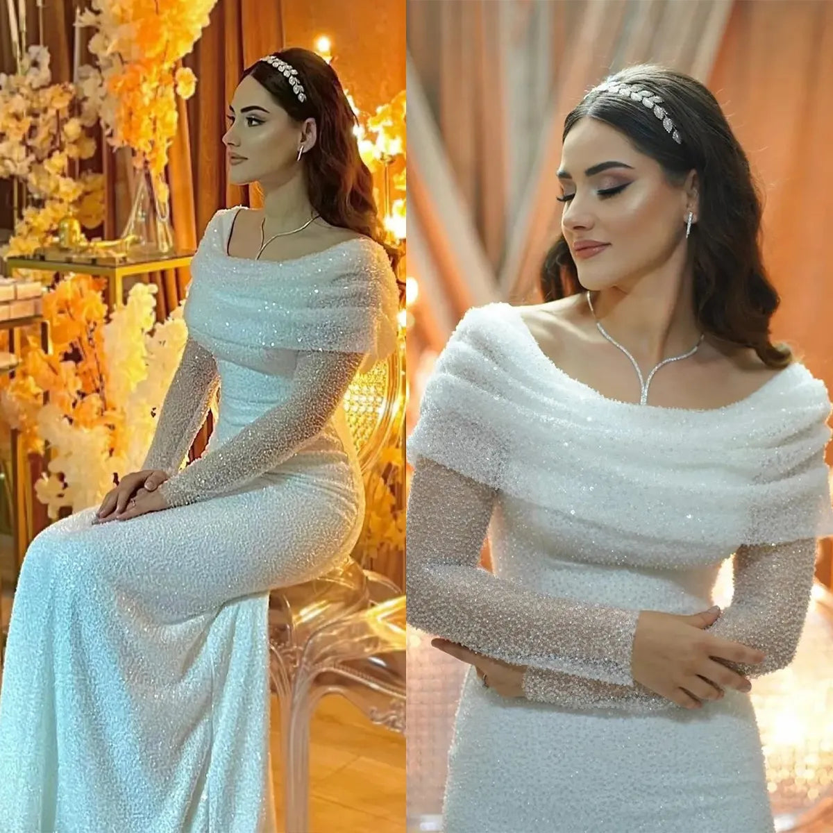 Glitter Tulle Off-Shoulder Long Sleeve Wedding Dress