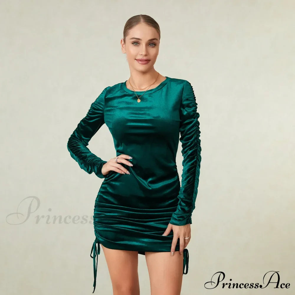 Green Velvet Bodycon Long Sleeve Crew Neck Wrap Mini Drawstring Christmas Party Dress