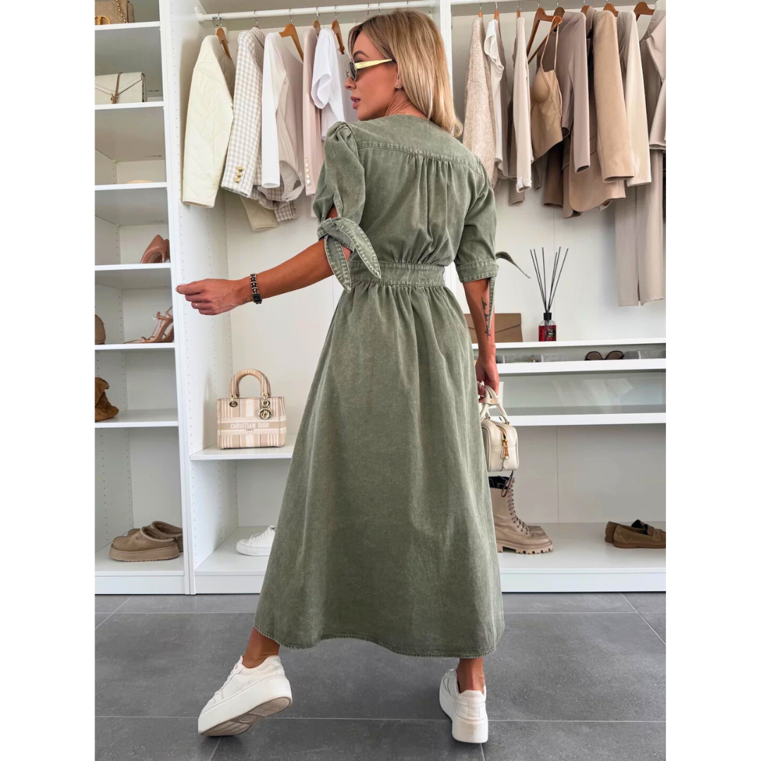 V-Neck Puff Sleeve Button Front High Split Midi Dress 9