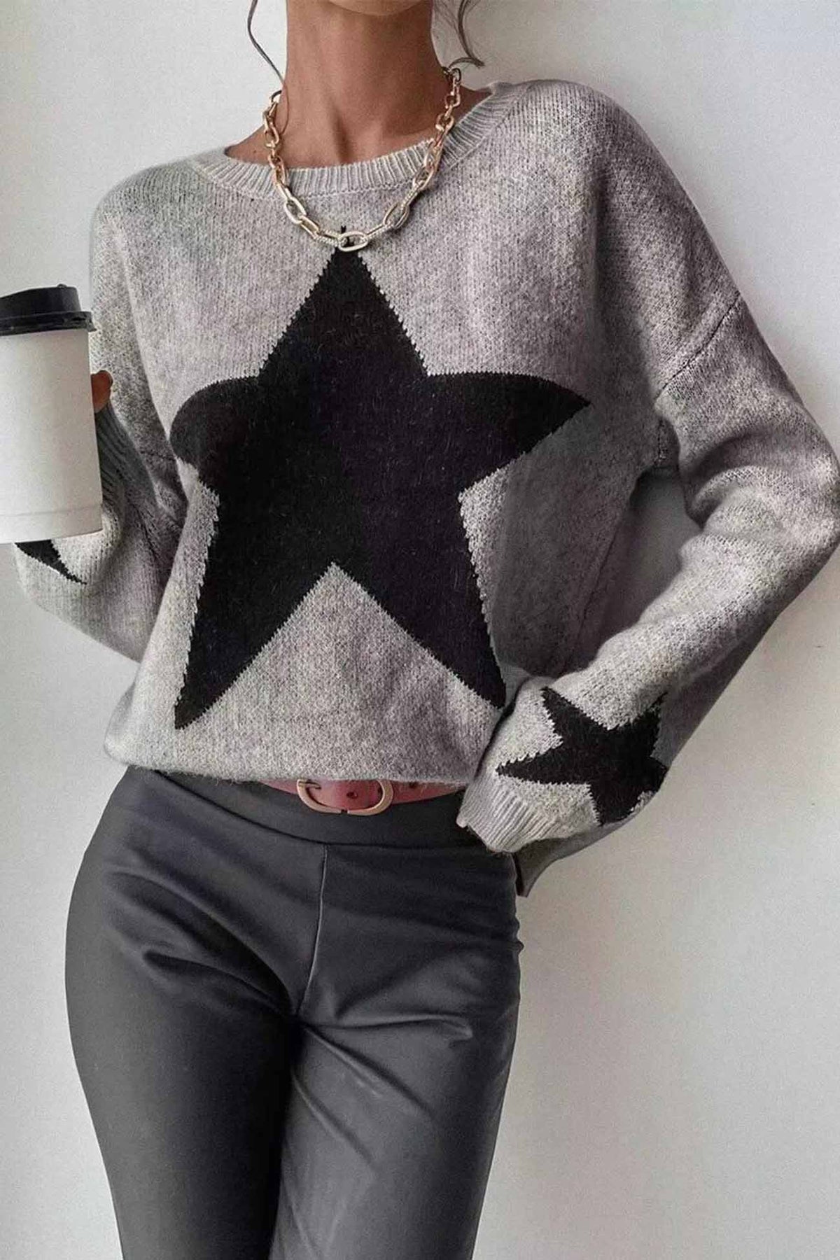 Crew Neck Star Long Sleeve Knitted Sweater