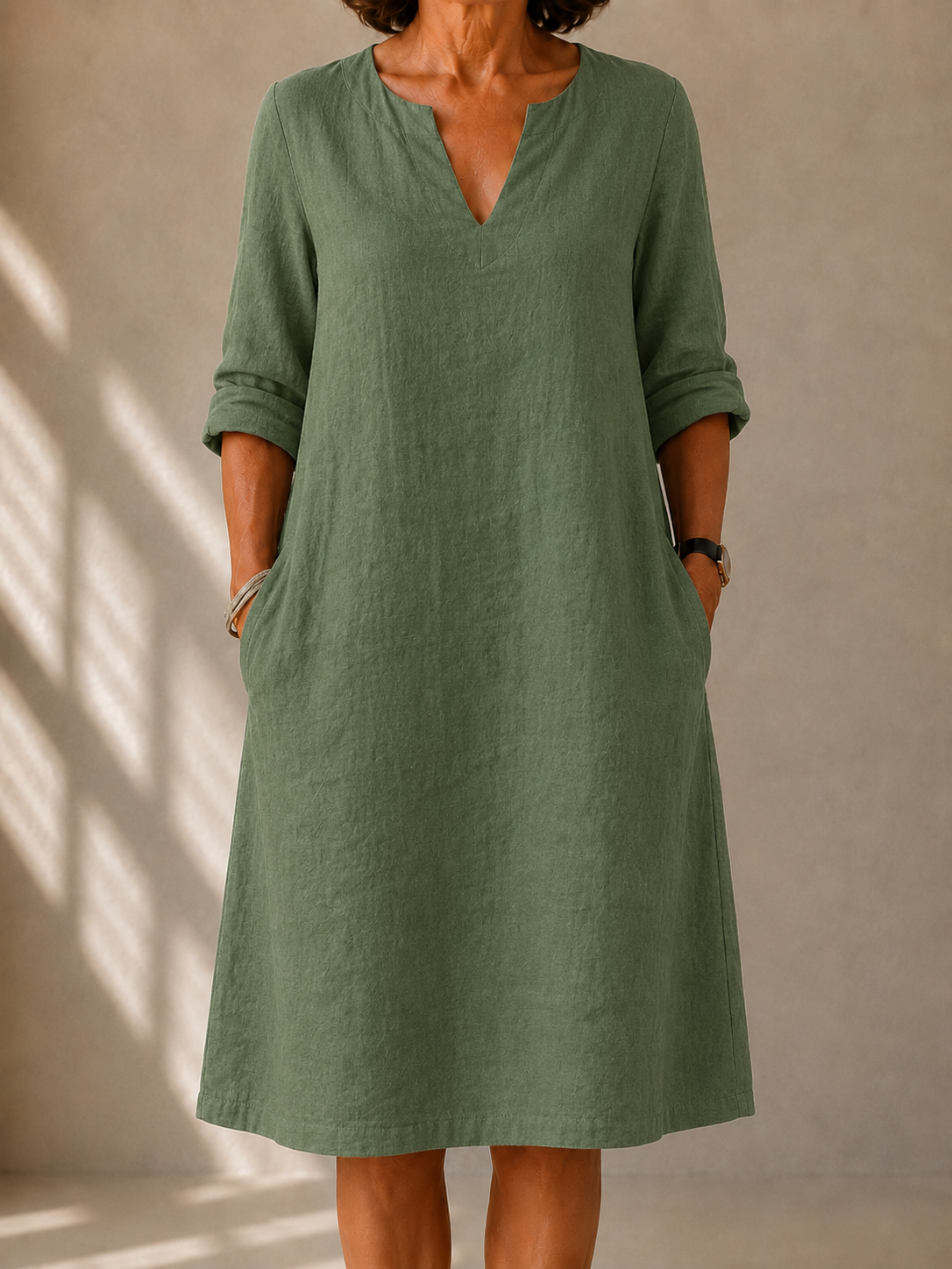 Linen Look Notch V-Neck Long Sleeve Pocket A-Line Midi Dress