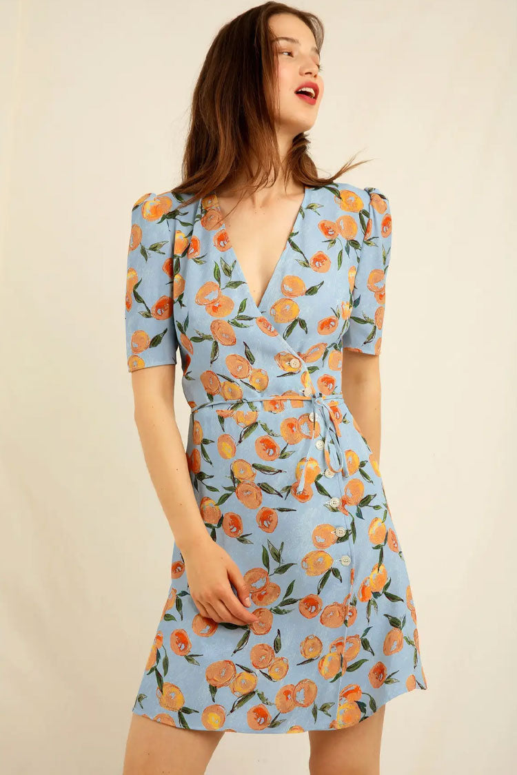 Groovy Fruit Printed Puff Sleeve French Style Wrap Mini Dress -Blue - Fashionpara