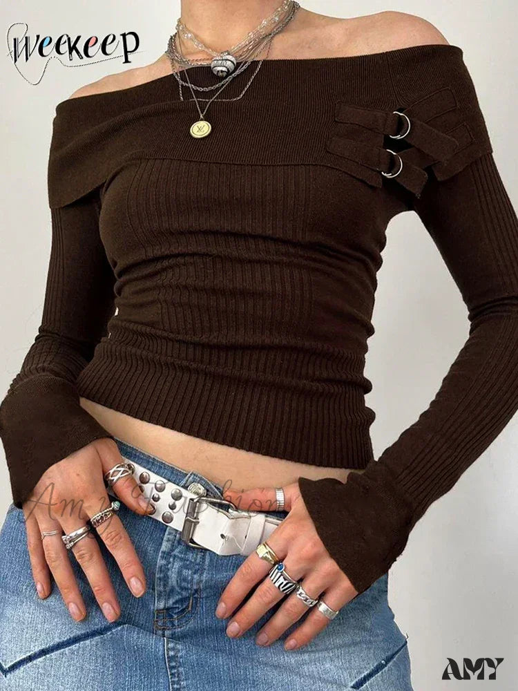 Grunge Retro Off Shoulder Slash Neck Long Sleeve Sweater 5