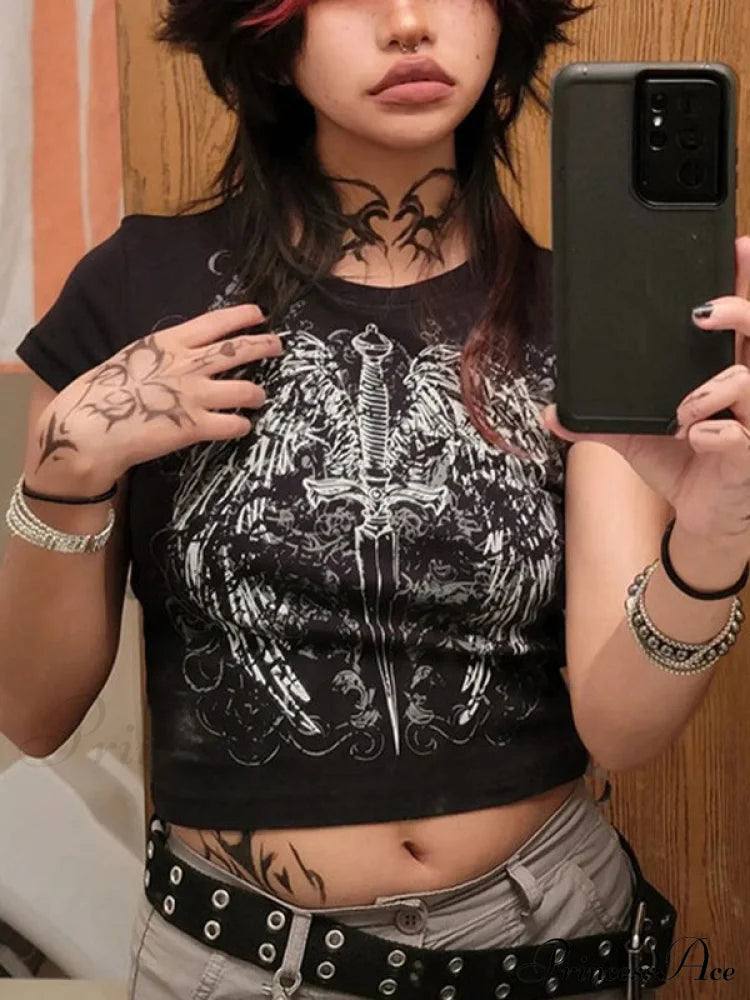 Grunge Wing Print Trendy Ribbed Knit Crop Top