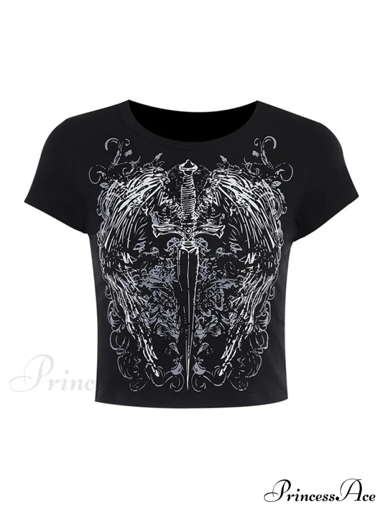 Grunge Wing Print Trendy Ribbed Knit Crop Top