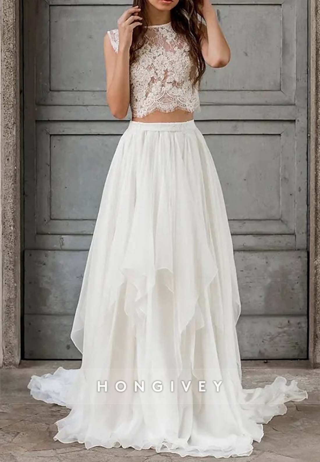 Split Pleated Sleeveless Lace Sweep Train Boho Wedding Dresses